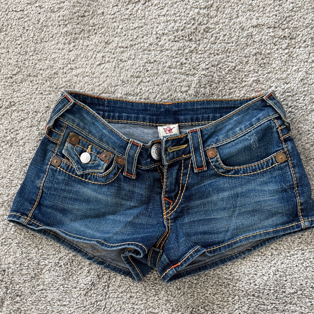 True Religion Women's Dark Blue Low-Rise Denim Shorts